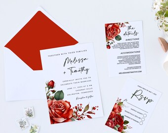 Signature Red Roses Wedding Invite Suite, Romantic Wedding Invitation Set, Detail Card, RSVP Card, Thank you Card, Digital Download