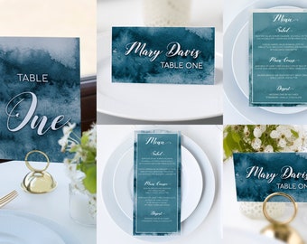 Dusty Blue Watercolor Dining Decor,Wedding Menu Cards,Blue Wedding Place Cards,Table Number Sign,Boho Wedding Decor,Digital Download,E458