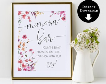 Elegant Mimosa Bar Sign Template, Bubbly Sign, Wildflower Sign, Bridal Shower Decor, Bachelorette Party Signs, Instant Download, WF100