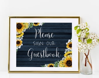 Navy Sunflower Please Sign Our Guestbook Sign, Sunflower Sign, Guestbook Sign Printable, Wedding Guest Book Sign, Instant Download,RNBS1