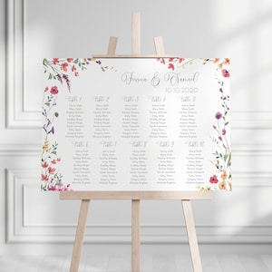 Elegante Wildflower zitplaatsen grafiek teken bewerkbare sjabloon, lente bloemen bruiloft bewegwijzering, grote zitplaatsen grafiek, Boho Wedding Decor, WF100