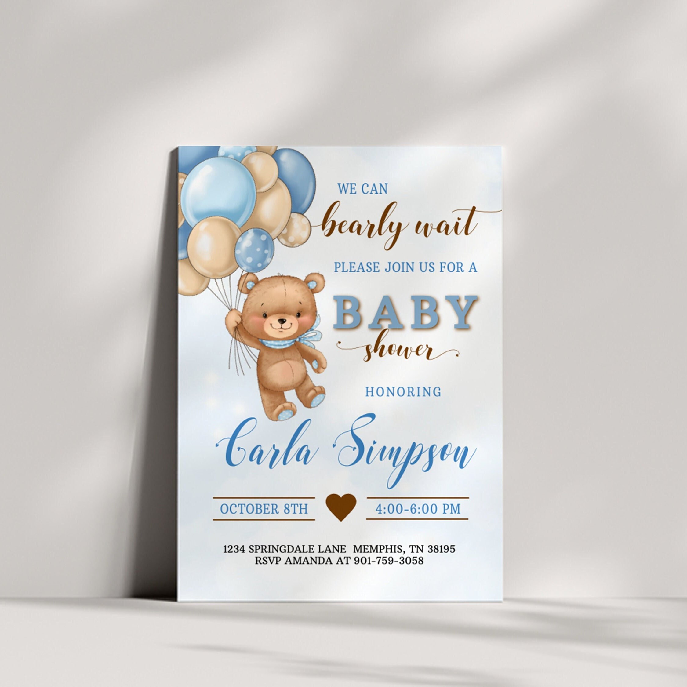 Blue We Can Bearly Wait Baby Shower Invitation TemplateTeddy Bear InvitationBaby Boy Shower PrintableInstant DownloadBTBS1