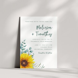 Signature Sunflowers and Eucalyptus Wedding invitation Template, Rustic Wedding Theme, Digital Download