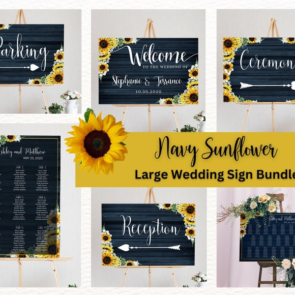 Navy Sunflower Wedding Sign Bundle, Sunflower Wedding Signs Set, Sunflower Signs,Wedding Sign Set, Welcome Sign,Digital Download, RNBS1