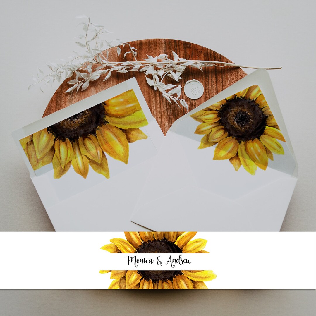 Classic Sunflower Wedding Envelope Liners & Belly Band Template, A7