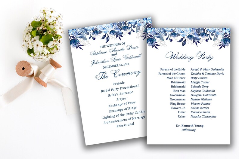 Blue Floral Wedding Program Template Blue Wedding Stationery Etsy