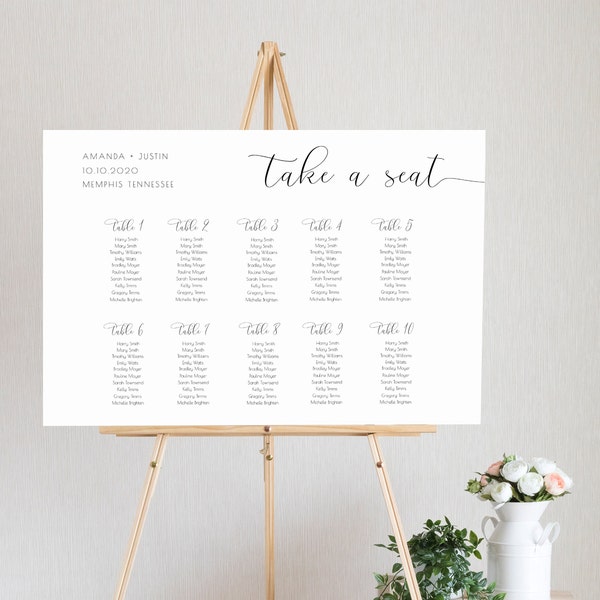 Minimalist Wedding Seating Chart Printable, Wedding Signs,  Elegant Seating Chart, Ten Tables, Landscape, Digital Download, Templett, SEC10
