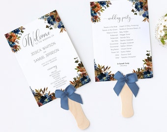 Elegant Fall Florals Wedding Program Template,  Blue Wedding Program Fan, Ceremony Programs, Fall Wedding Decor, Digital Download, GAFW1