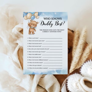 Gioco Blue Teddy Bear Baby Shower - Chi conosce meglio papà - Download istantaneo stampabile -BTBS-1