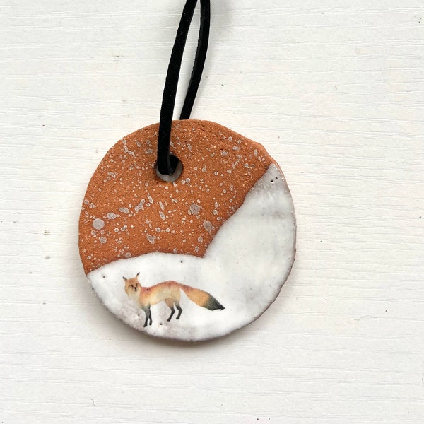 Christmas Tree Ornament- Fox in the Snow- Handmade Gift-  Ceramic Holiday Decoration