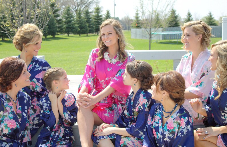 Bridal party Bridesmaid Robes Floral Black Satin Robe Kimono Silk Bridesmaid Gifts Monica Collection robes Set Bridesmaid Robes