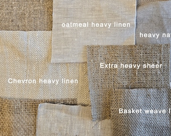 Puede incluir: Una colección de muestras de tela en varios tonos de marrón y beige. Las muestras están etiquetadas con diferentes tipos de lino y arpillera, incluyendo "heavy huckaback washed", "extra heavy sheer", "oatmeal heavy linen", "chevron heavy linen", "basket weave linen", "extra heavy rustic" y "heavy natural".