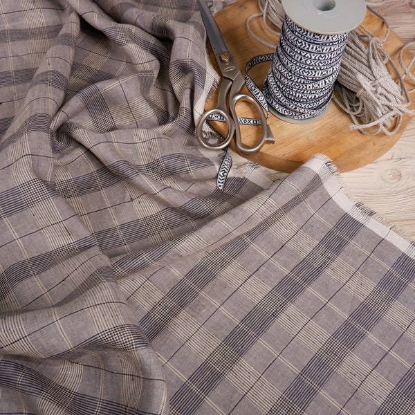 100% checked linen fabric for sewing - Medium weight 120gsm, 180gsm - prewashed and soft- perfect for clothing, curtains or home textile.