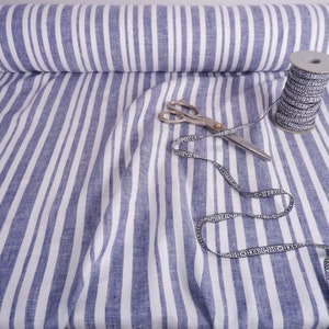 100% blue and white stripes in linen fabric - Medium weight - nautical fabric for clothing, curtains, home textile, home decor craft project