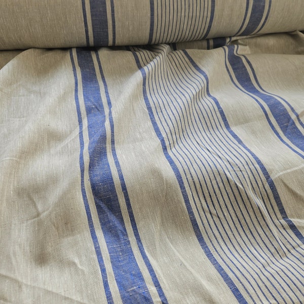 Tissu 100 % lin 250 g/m² - Lin vintage français rayé - Poids lourd, dense. Pour le bricolage, le rembourrage, la décoration, les vestes