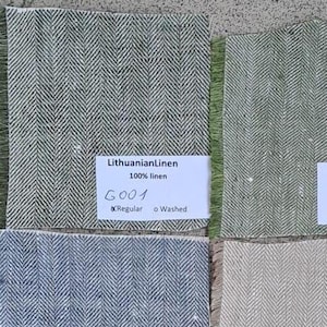 May include: Five fabric swatches in different colours and textures. The swatches are labelled with the text "LithuanianLinen 100% linen" and a code number. The colours of the swatches are green, beige, grey, blue, and light blue.