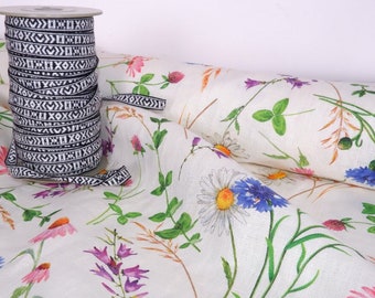 100% linen fabric in wildflowers pattern - Medium weight 150gsm - Printed flowers on white - perfect for clothing, curtains or textile.