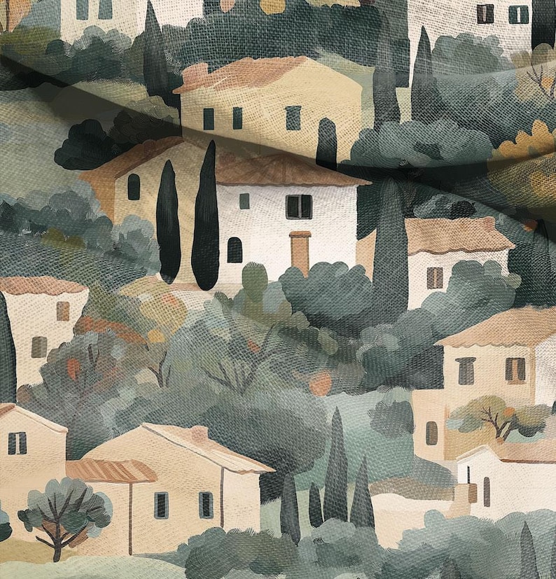 Puede incluir: Una pintura de acuarela de un pueblo en la ladera de una colina con casas en tonos beige y marr&oacute;n, rodeadas de exuberantes &aacute;rboles y arbustos verdes.