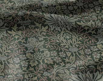 May include: Dark green fabric with a detailed floral pattern. The design features stylized flowers, leaves, and vines in shades of gray, tan, and muted rose. The fabric has a subtle sheen.