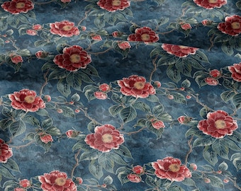 Tejido 100% LINO estampado oriental - estampado chinoiserie rosas flor - tapicería decoración del hogar ropa costura 2132