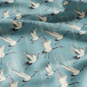 100% LINNEN Stof Kraanvogelprint - dierenlinnen stof met vogelprint voor stoffering woondecoratie gordijnen kussenslopen kleding maken