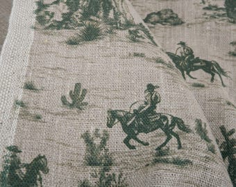 Tela 100% LINO Toile de Jouy Cowboy en el desierto Campo - Tela de lino avena con estampado verde Tapicería Decoración del hogar Cortinas 2208N