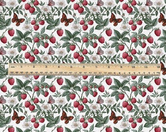 Tela 100% lino con estampado de campo de frambuesas - - Tela de lino para tapicería, decoración del hogar y confección 3729