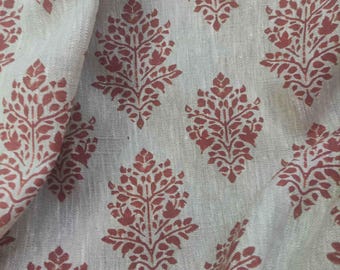 100% LINEN Fabric block print red on oatmeal linen - botanical fabric with red indian block print on linen for home decor upholstery 2316