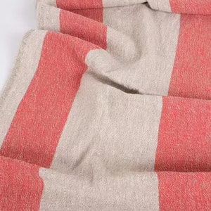 Tela de lino para sacos de grano - 100% lino Lino francés Peso pesado denso - Rayas rojas naturales Para manualidades, tapicería, decoración Rayas toscanas