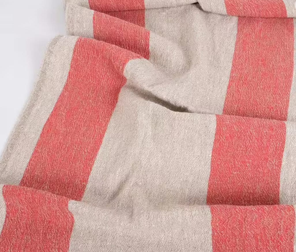 grain sack linen fabric - 100% linen French flax Heavy weight dense - Natural red striped For crafts upholstery decoration Tuscany stripe