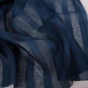 100% linen fabric WIDE Sheer striped Gauze transparent 95gsm. Dark blue for curtains, scarves, loose clothing. Sparse weaving voile