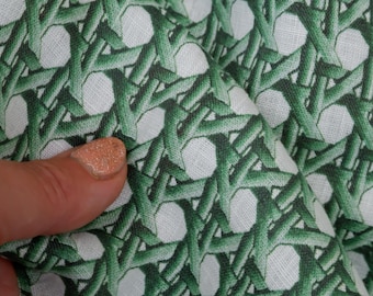 Tela 100% lino con estampado de bambú verde - tejido botánico artesanal verde blanco 3685