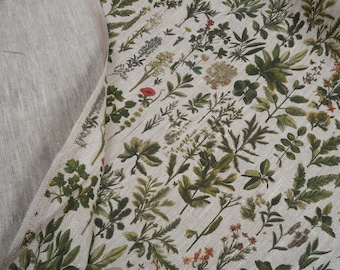 Tela 100% lino con estampado de hierbas francesas sobre lino color avena - Tela de lino grueso con estampado floral de estilo provenzal para tapicería y decoración del hogar 2050