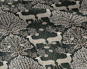 100% LINEN Fabric Woodland - Green beige floral print with Reindeer Neutral Fabric by the Yard by LithuanianLinen 3872