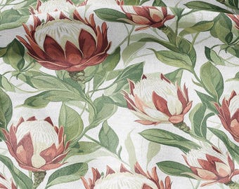 Tela 100% lino con estampado de flores tropicales - tela floral cortada a medida por LithuanianLinen para tapicería, confección de ropa, cortinas y textiles para el hogar 2037