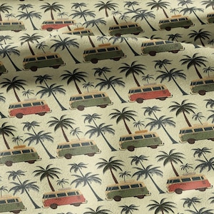 May include: A fabric pattern featuring a repeating print of vintage camper vans in shades of olive green and muted red, interspersed with dark green palm trees against a light beige background, creating a continuous tropical travel motif.