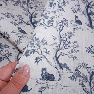 100% LINNEN Stof Toile de Jouy-bomen met katten - linnen stof met indigoblauwe print - stoffering jurken maken gordijnen 2328