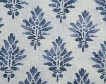 Tela 100% lino, estampado en bloque azul marino sobre blanco - tela botánica con estampado azul indio 2674 KENSI