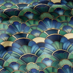 100% LINEN Fabric Art deco blue green - fan print linen Fabric LithuanianLinen for upholstery dressmaking curtains home textile Art Nouveau