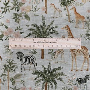 100% LINEN Fabric Africa print with giraffe and zebra - oatmeal natur linen fabric with Savana print for upholstery home decor 2211