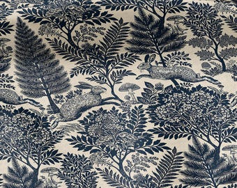 100% LINEN Fabric Woodland - Navy blue beige floral print with Rabbit bunny Neutral Fabric by the Yard by LithuanianLinen 3871