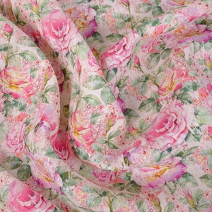 100% linen fabric 180gsm - floral roses pink - dense PREWASHED  - for blouses, dresses, curtains, scarves Organic Barrock