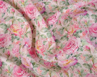 Tissu 100% lin 180gsm - roses florales rose - dense PRÉLAVÉ - pour chemisiers, robes, rideaux, foulards Bio Barrock