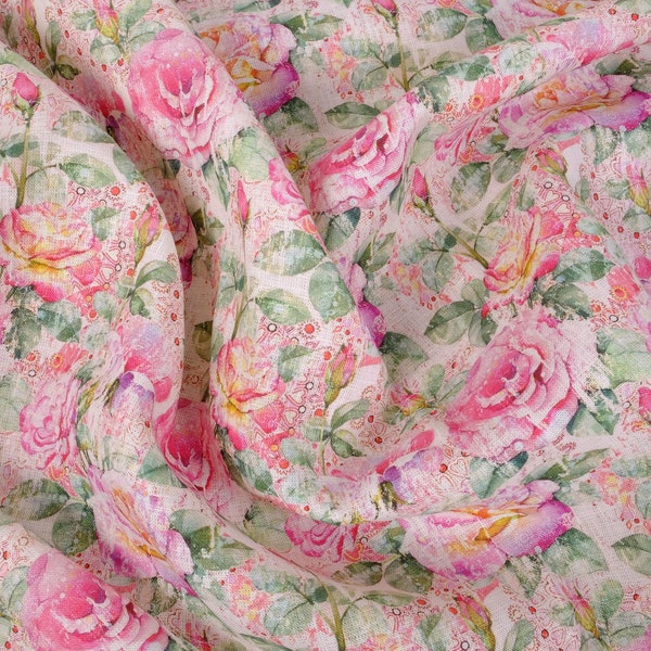 100% linen fabric 180gsm - floral roses pink - dense PREWASHED  - for blouses, dresses, curtains, scarves Organic Barrock