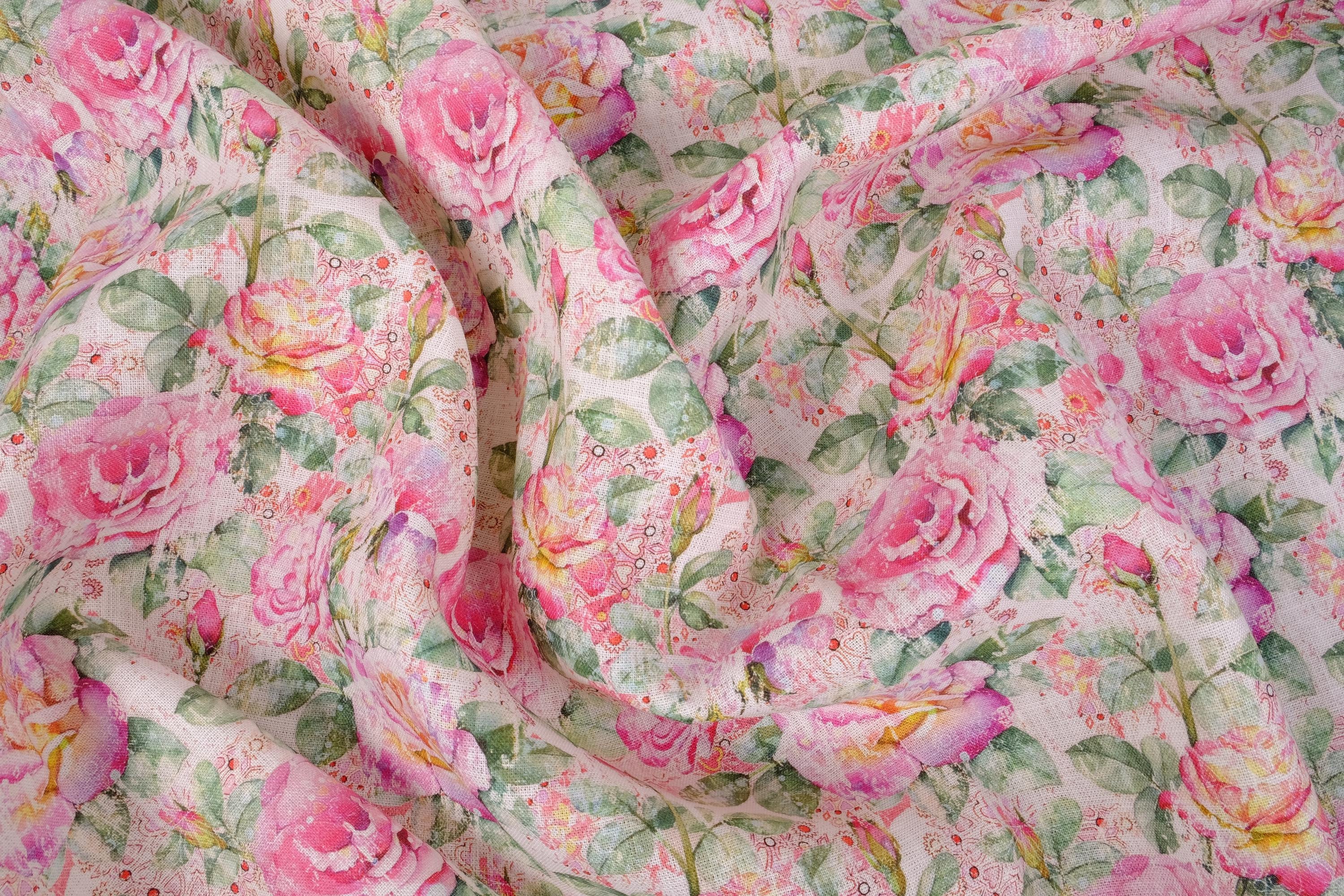 100% Linen Fabric 180gsm Floral Roses Pink Dense PREWASHED for Blouses ...