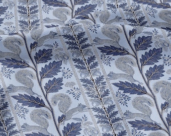 100% LINEN Fabric Woodland - blue floral print with Squirrel Neutral Fabric by the Yard by LithuanianLinen 3789