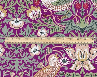100% LINEN fabric - William Morris Strawberry thief purple - British Victorian Art Craft flax - sewing home decor or clothing 3866