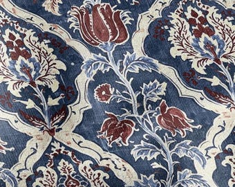 100% LEINEN Stoff Indigo Garden Leinen - Handgezeichnetes Blumengitter - Indigo & Krapp Floral 3424