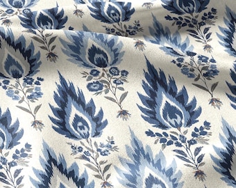 100% Leinenstoff Blue Ivory Ikat Blumendruck - Botanisches handwerkliches Muster - Verziertes Wohndekor 3456