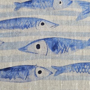 100% LEINEN Stoff Sardinen Druck - Fische im Meer Druck Leinen Stoff - Blaue Streifen Leinen Stoff zum nähen Heimtextilien 2697